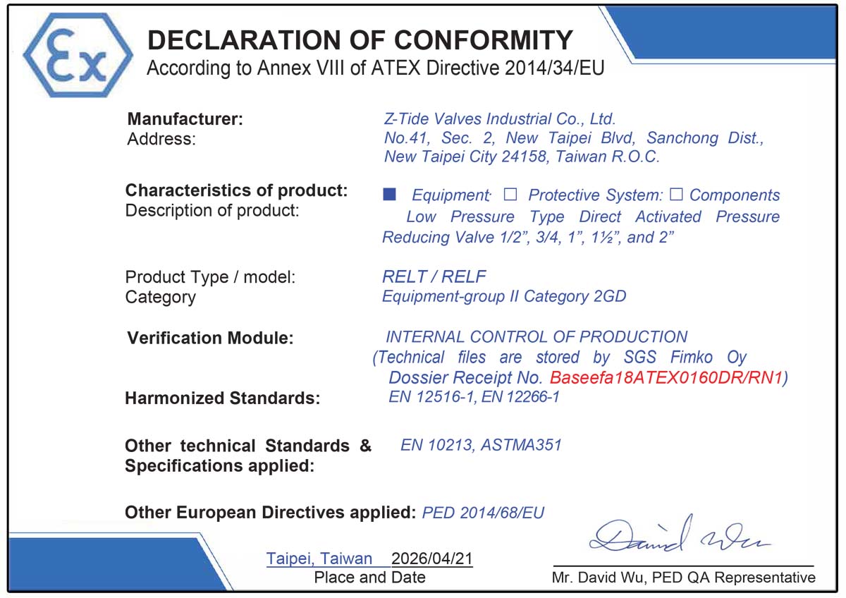 ATEX certifikovaný nízkotlaký redukční ventil Z-Tide ATEX certifikovaný nízkotlaký redukční ventil Z-Tide