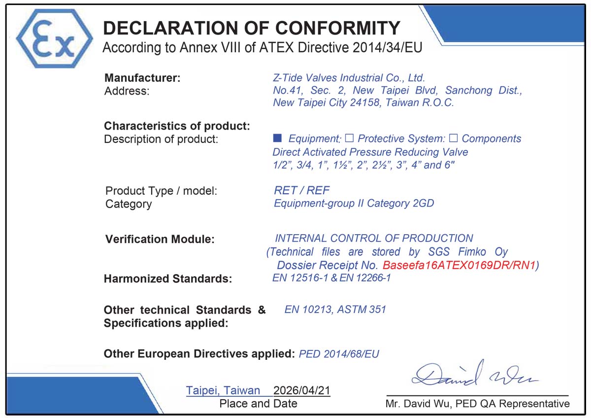 Ventil pro snižování tlaku s přímým účinkem z nerezové oceli 316 Z-Tide s certifikací ATEX